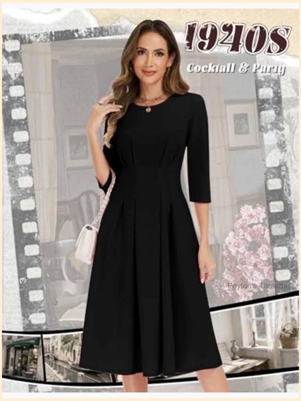 Vintage Cocktail Dress 3/4 Sleeve A-Line Midi with Pockets Nylon Stretch - Picture 3 of 6